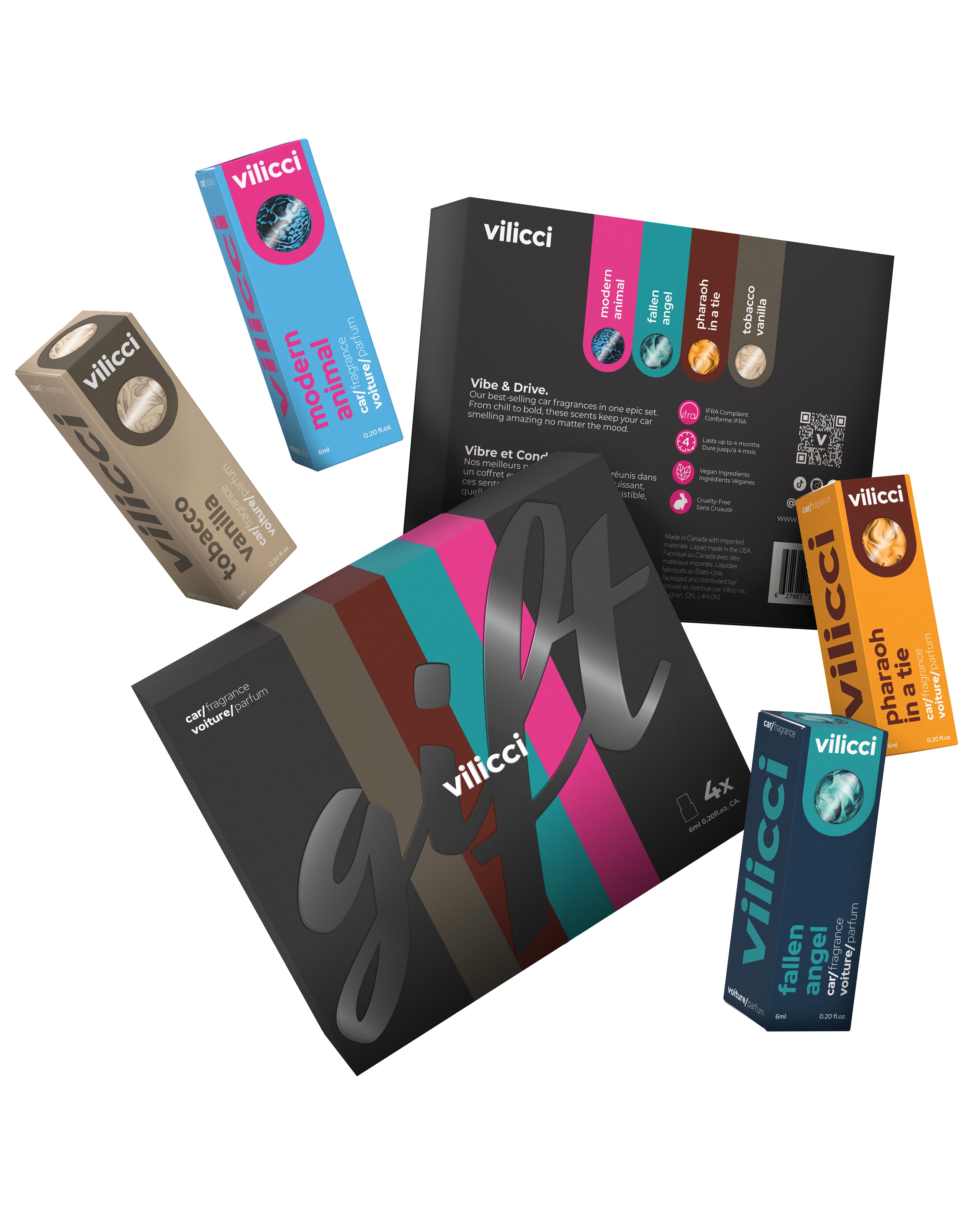 Vilicci Gift Set featuring four luxury car diffusers in sleek colorful packaging